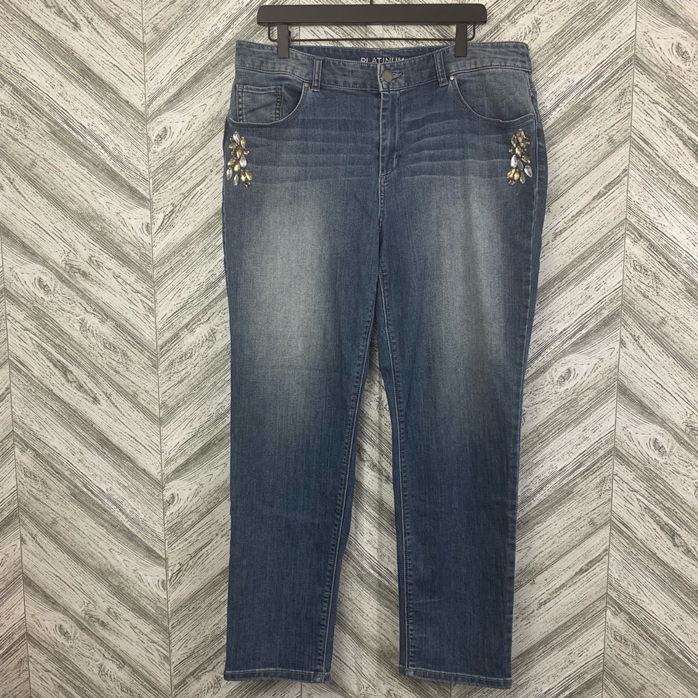 CHICOS • PLATINUM DENIM BROACH BOYFRIEND JEANS